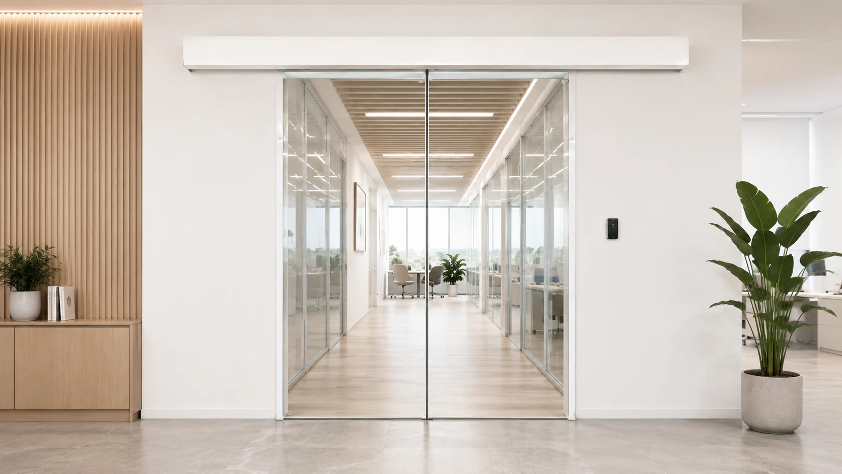 Surface-mounted automatic sliding glass door with an access-control reader at a bright office interior entrance