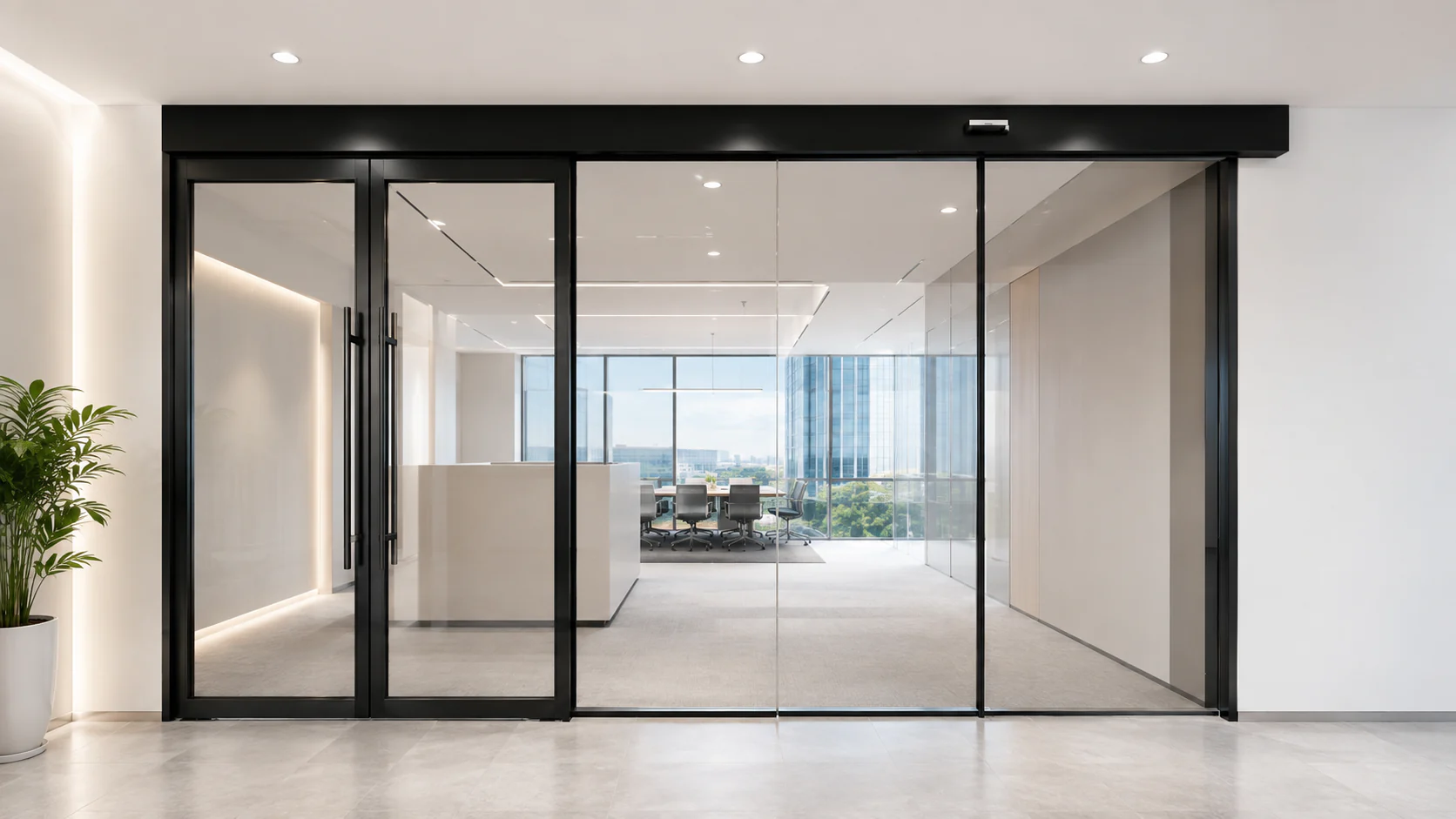 Surface-mounted automatic sliding glass door shown at an office interior access point