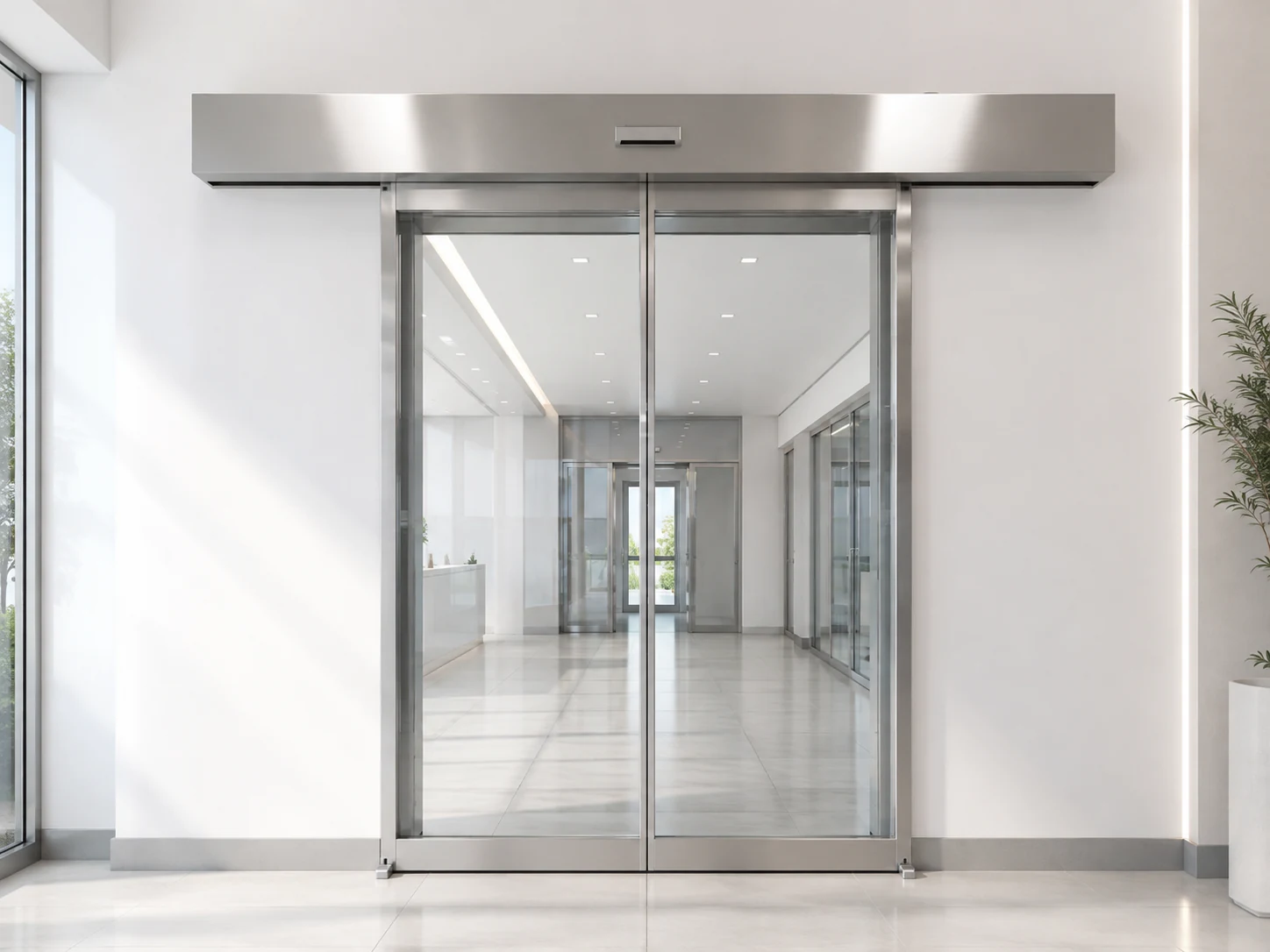 Front view of a surface-mounted operator above a framed automatic sliding glass door