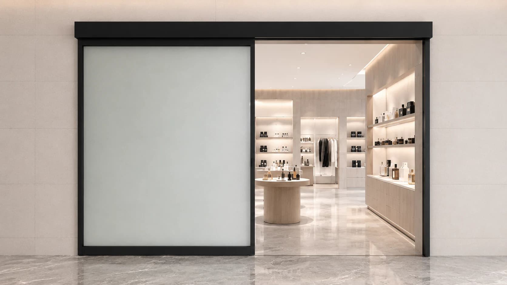 Surface-mounted automatic sliding door shown at a retail showroom entrance retrofit