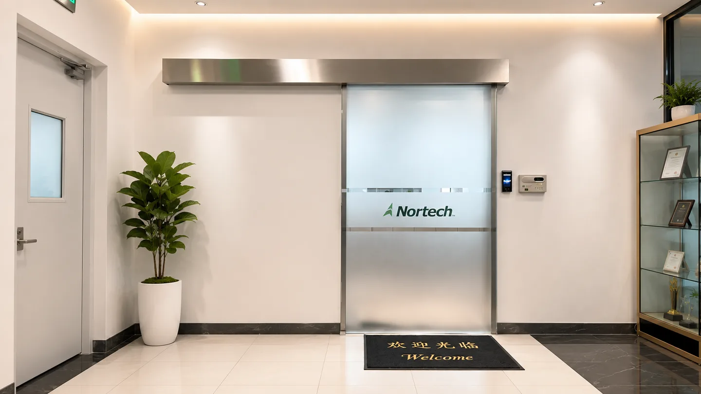 Surface-mounted automatic sliding glass door at an interior entrance