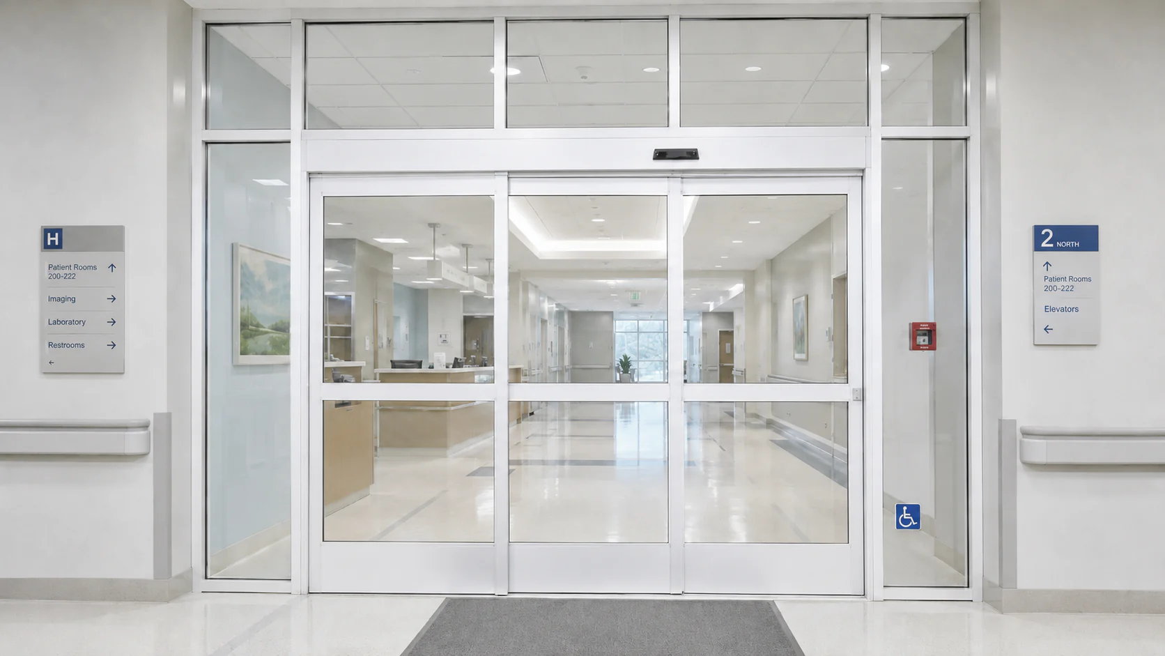 Automatic sliding glass door at a hospital public corridor