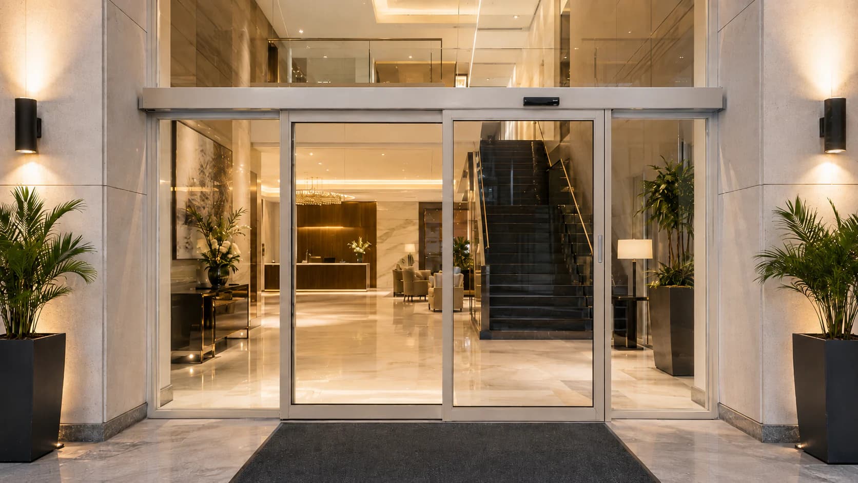 Automatic sliding glass entrance opening into a hotel lobby