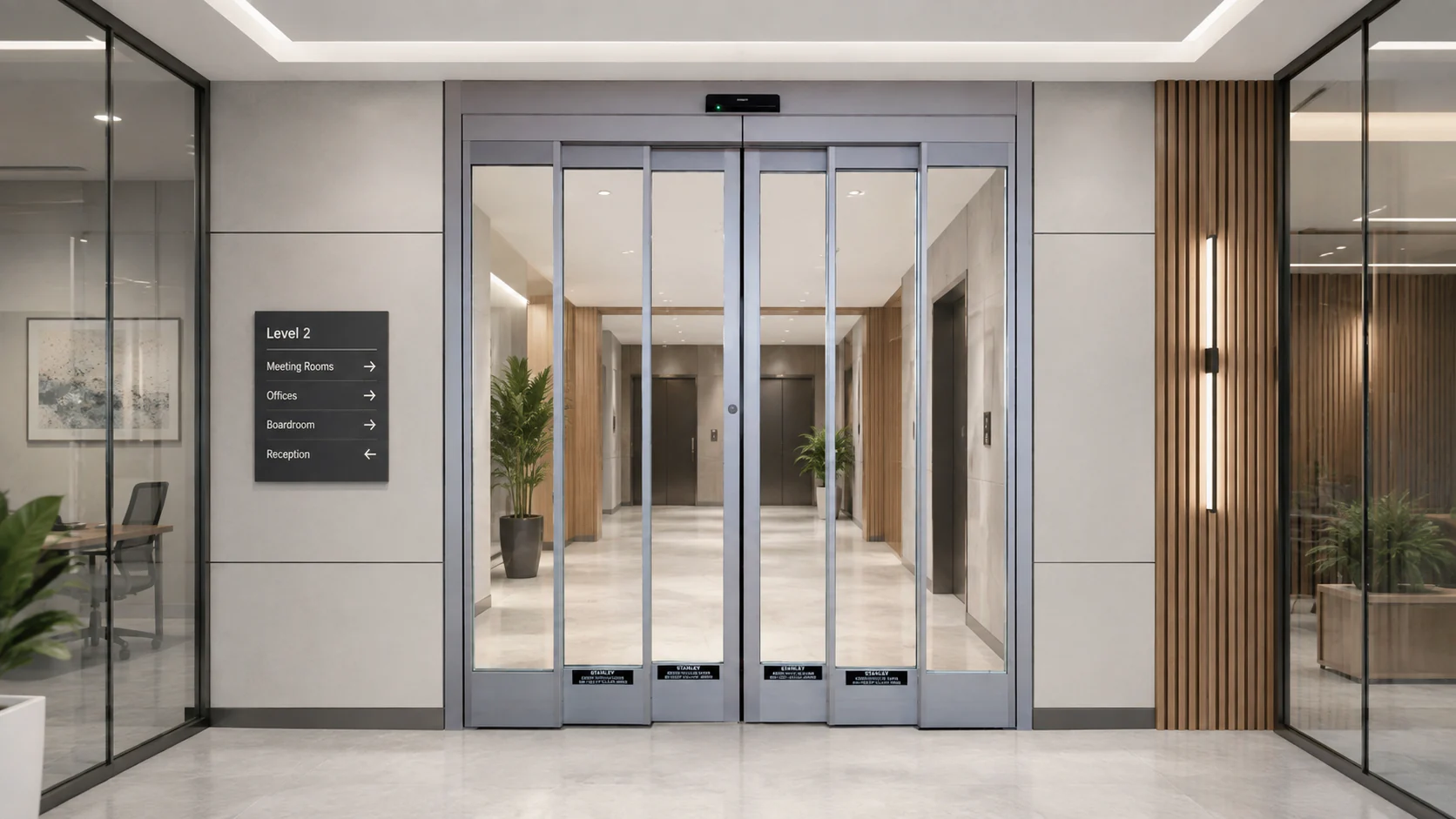 Automatic sliding glass door at an office building entrance