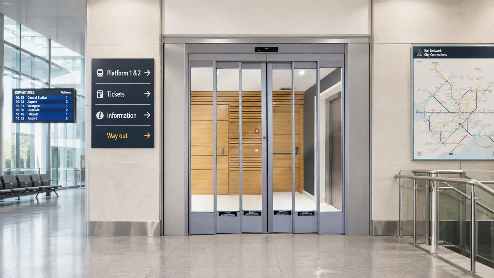 Automatic sliding glass entrance at a public transport building