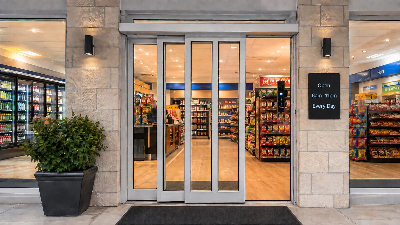 Automatic sliding glass door at a retail storefront entrance
