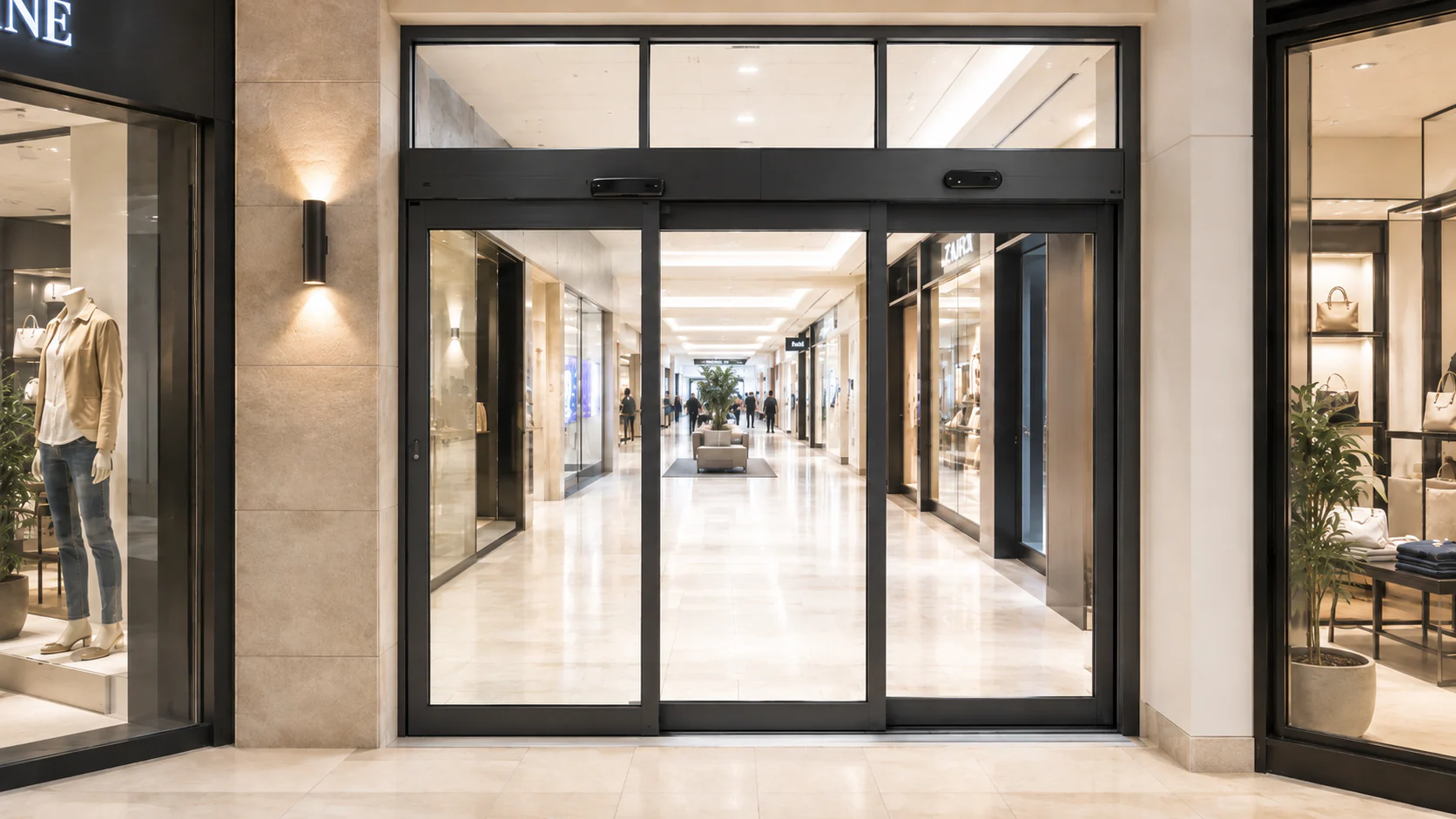 Automatic sliding glass entrance in a shopping center