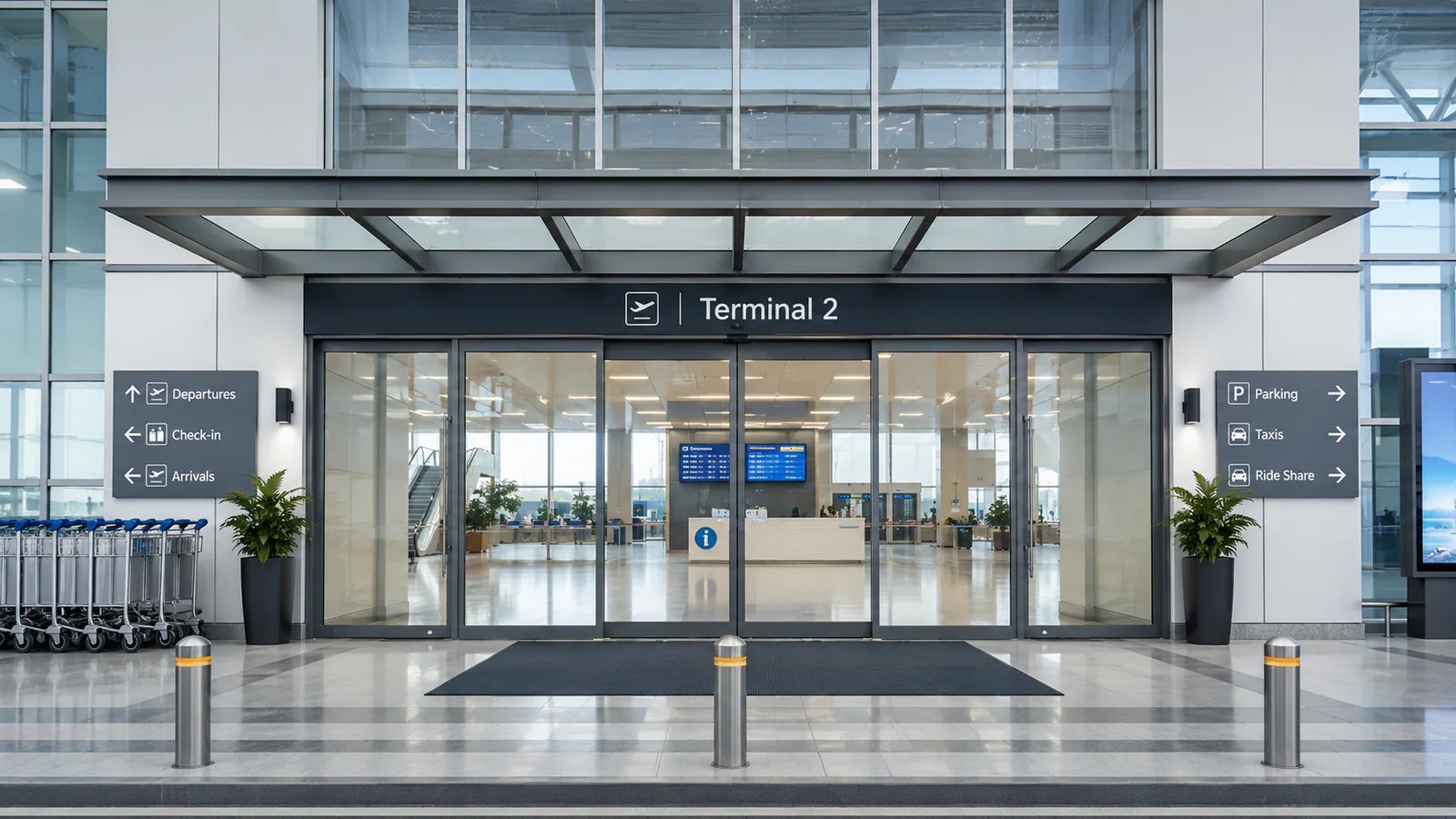 Heavy-duty automatic sliding glass doors at an airport terminal entrance