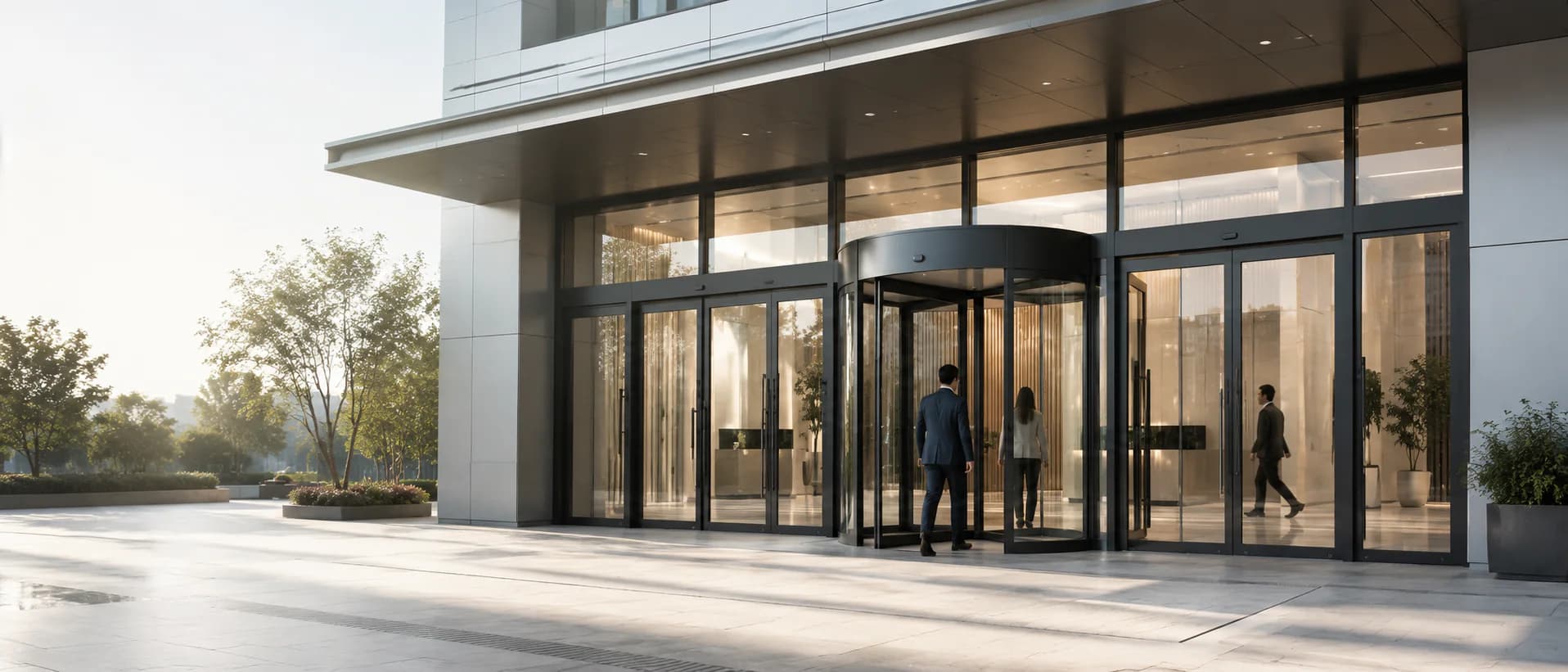 Automatic sliding glass entrance for a modern commercial building