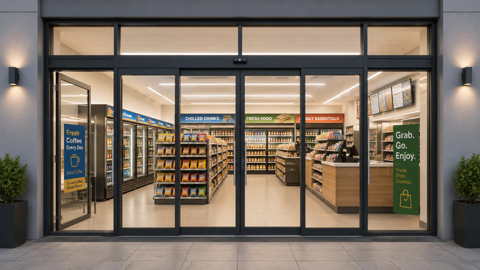 Black aluminum-framed automatic sliding glass door at a convenience store