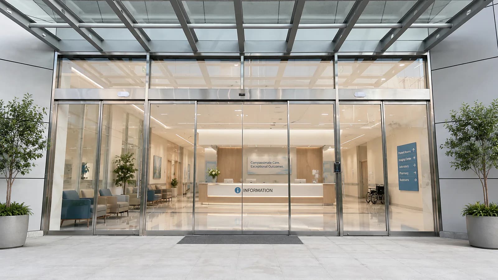 Wide automatic sliding glass door at a hospital public entrance