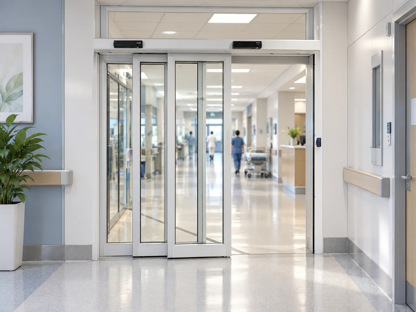 Overlapping framed glass panels beside an open hospital corridor passage