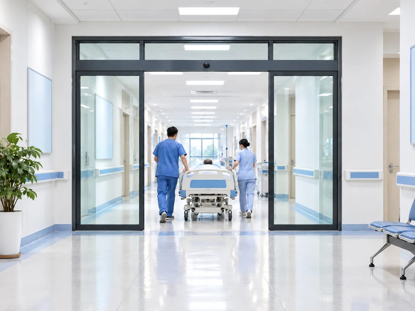 Two hospital staff moving a patient bed through an open glass sliding doorway