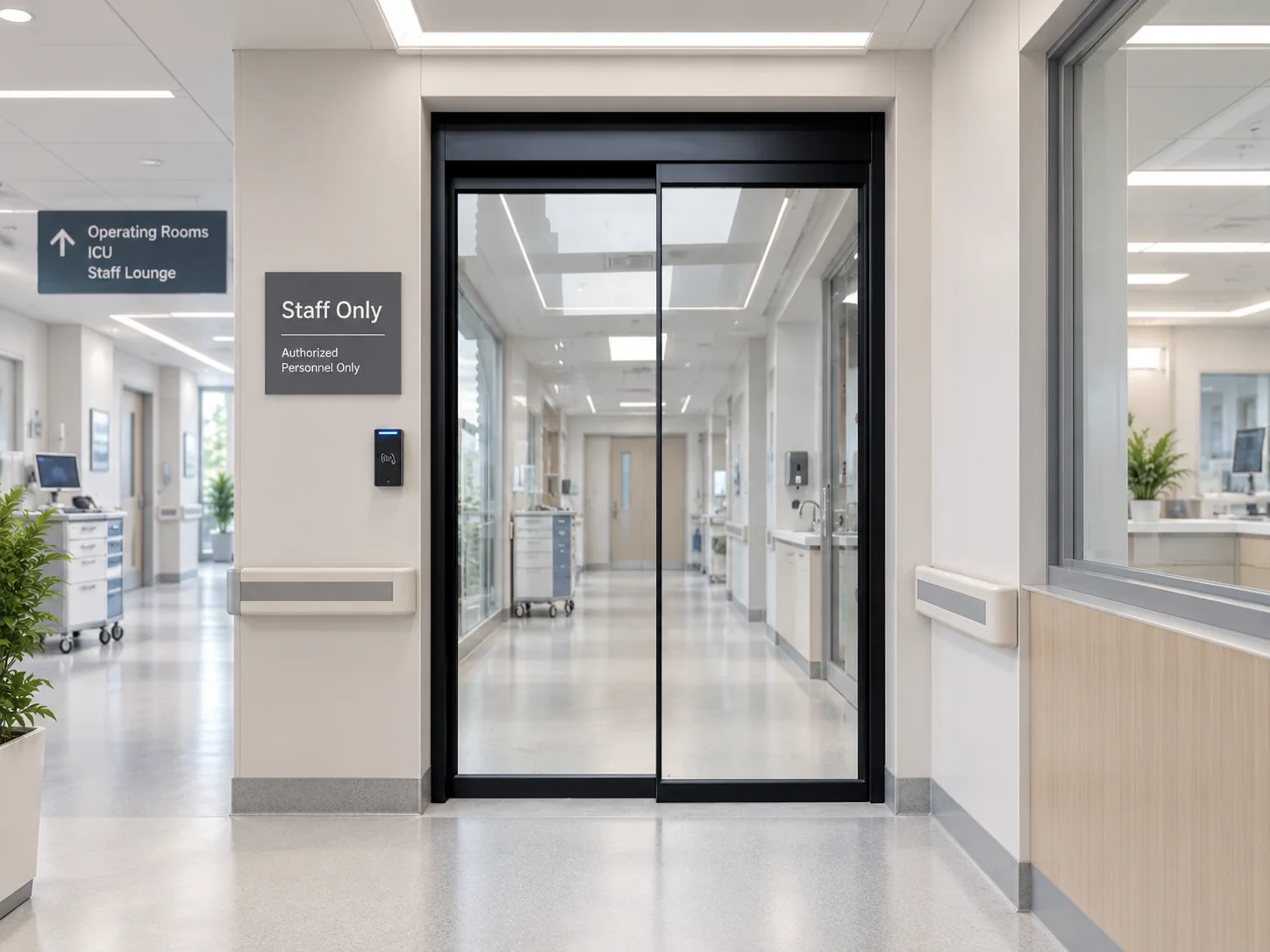 Staff-only glass sliding entrance with a wall-mounted card reader in a hospital corridor