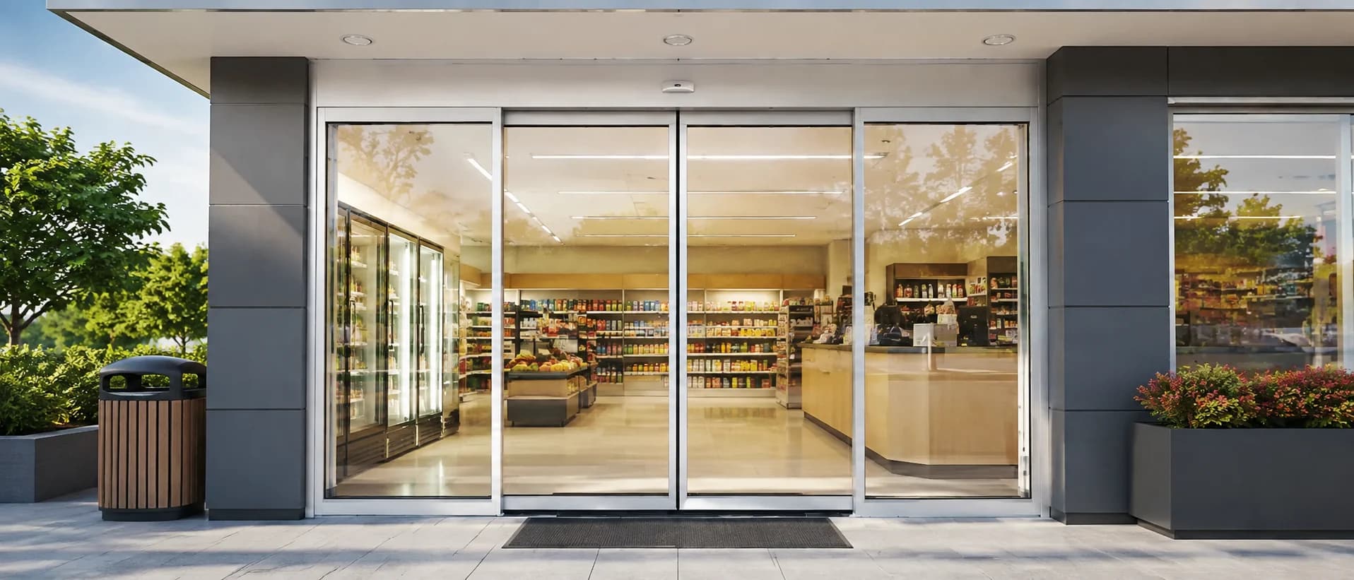 Automatic sliding glass doors at a bright retail storefront entrance