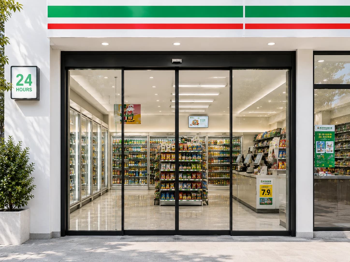 Automatic sliding glass doors at a retail convenience store entrance