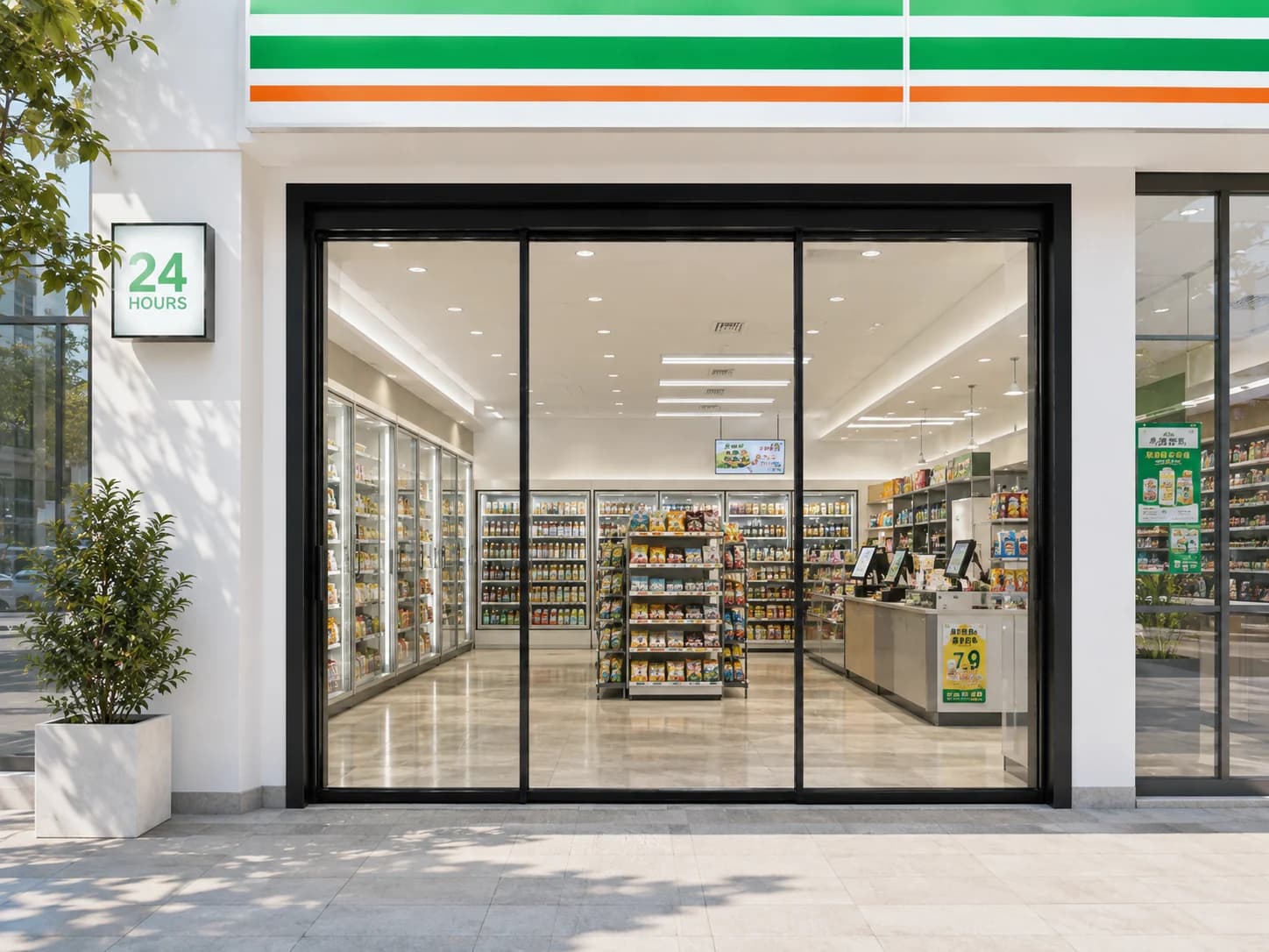 Telescopic automatic sliding glass door at a retail storefront