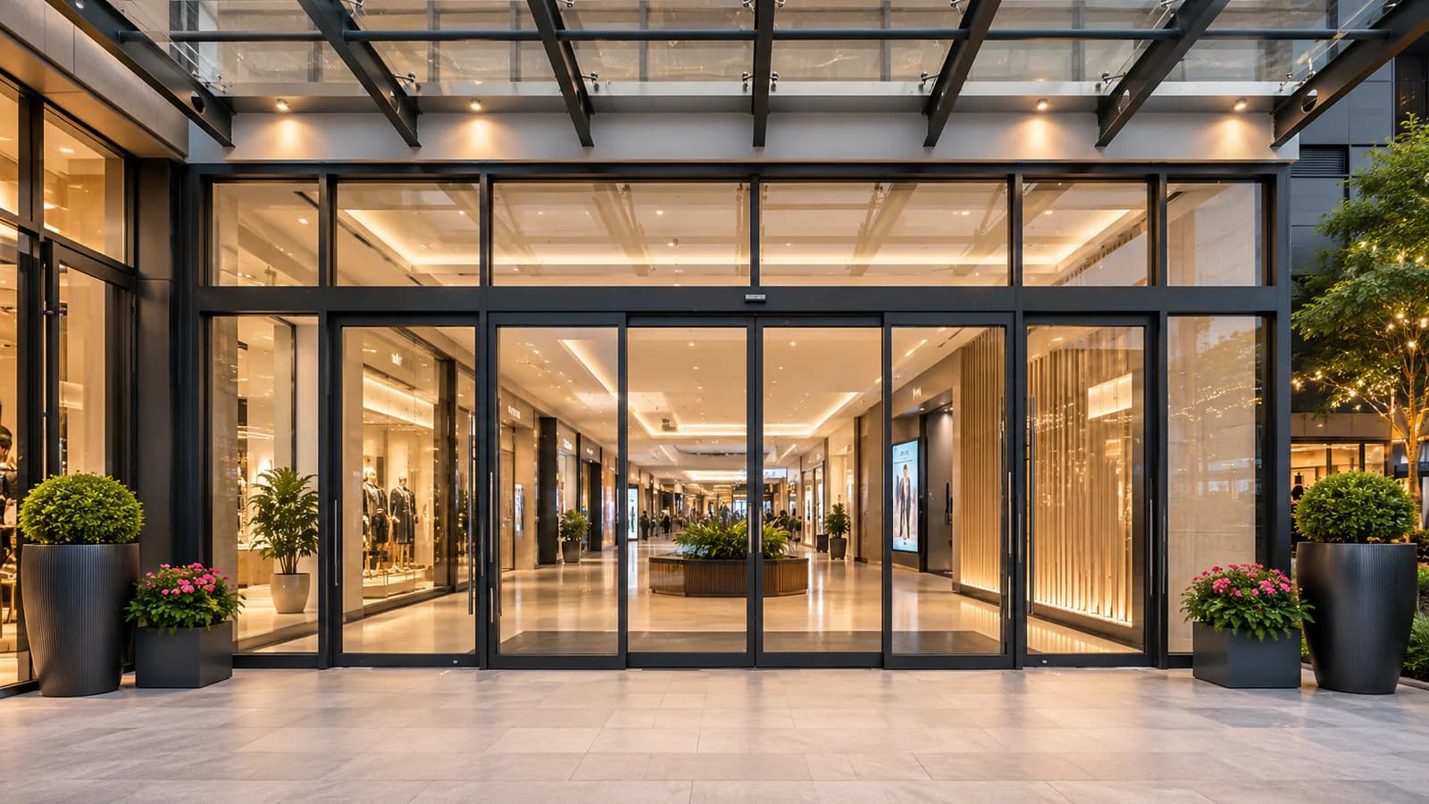 Wide commercial automatic sliding doors at a shopping center entrance