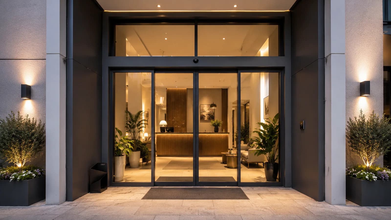 Bi-parting automatic sliding glass door at a small hotel entrance