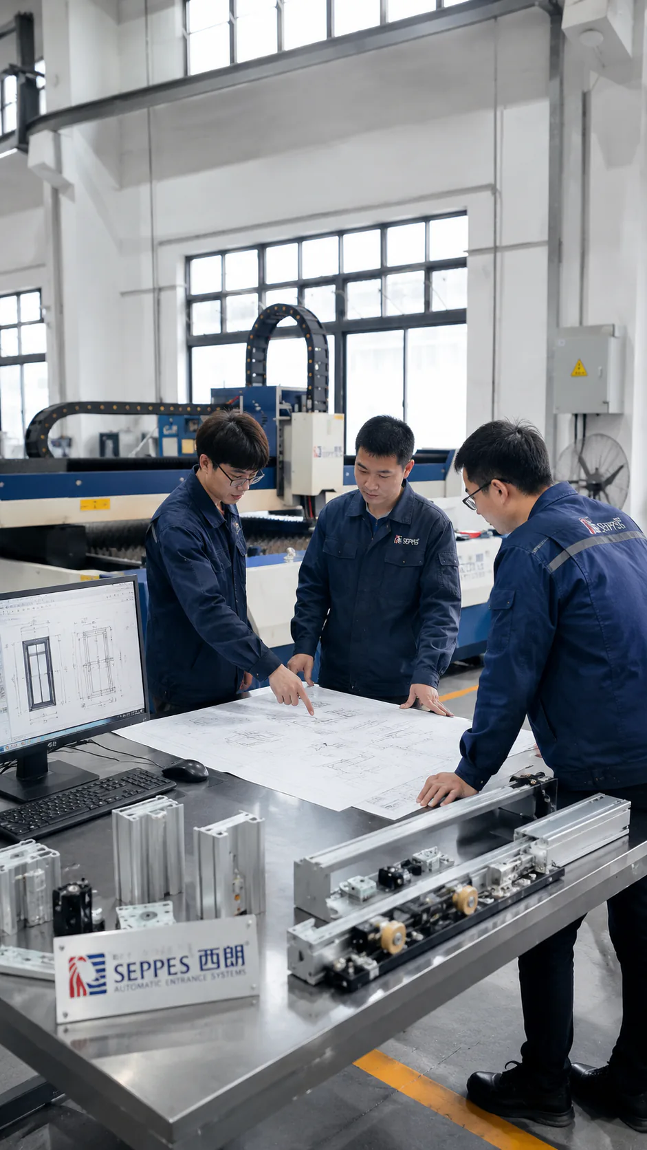 SEPPES team reviewing door equipment in the manufacturing workshop
