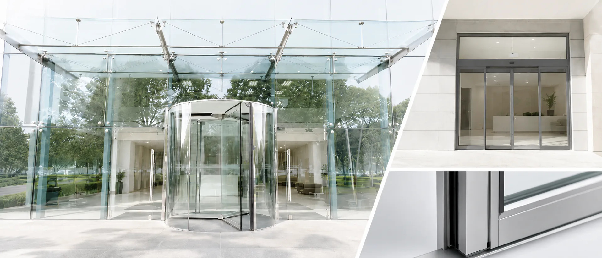 Automatic sliding and revolving entrances with an automatic door system detail