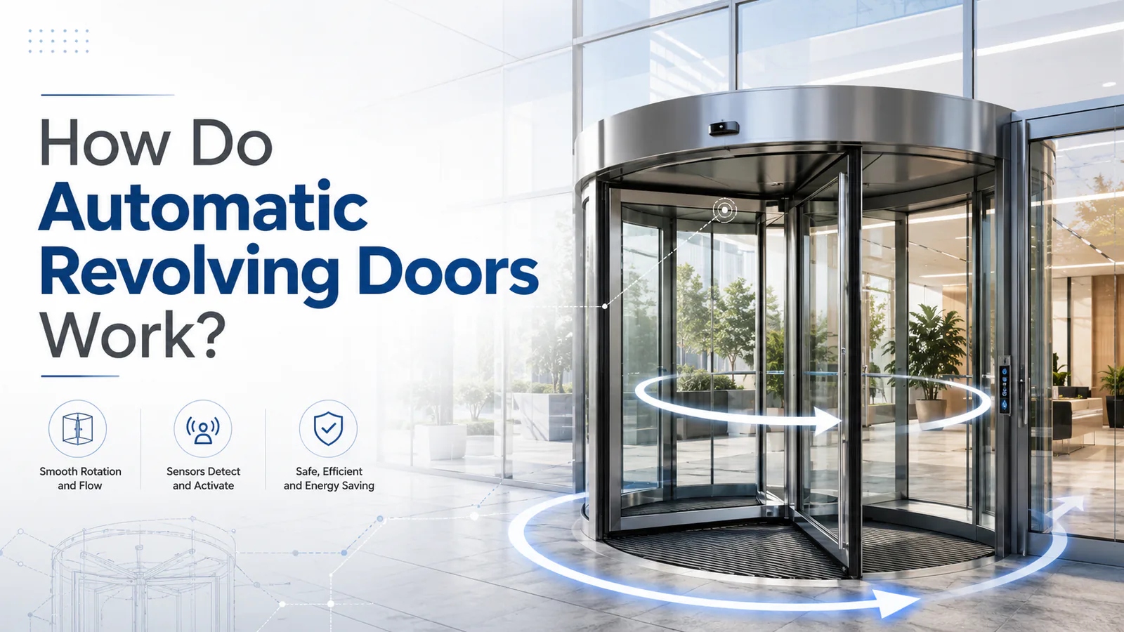 Automatic revolving glass door with illustrated rotation and sensor cues