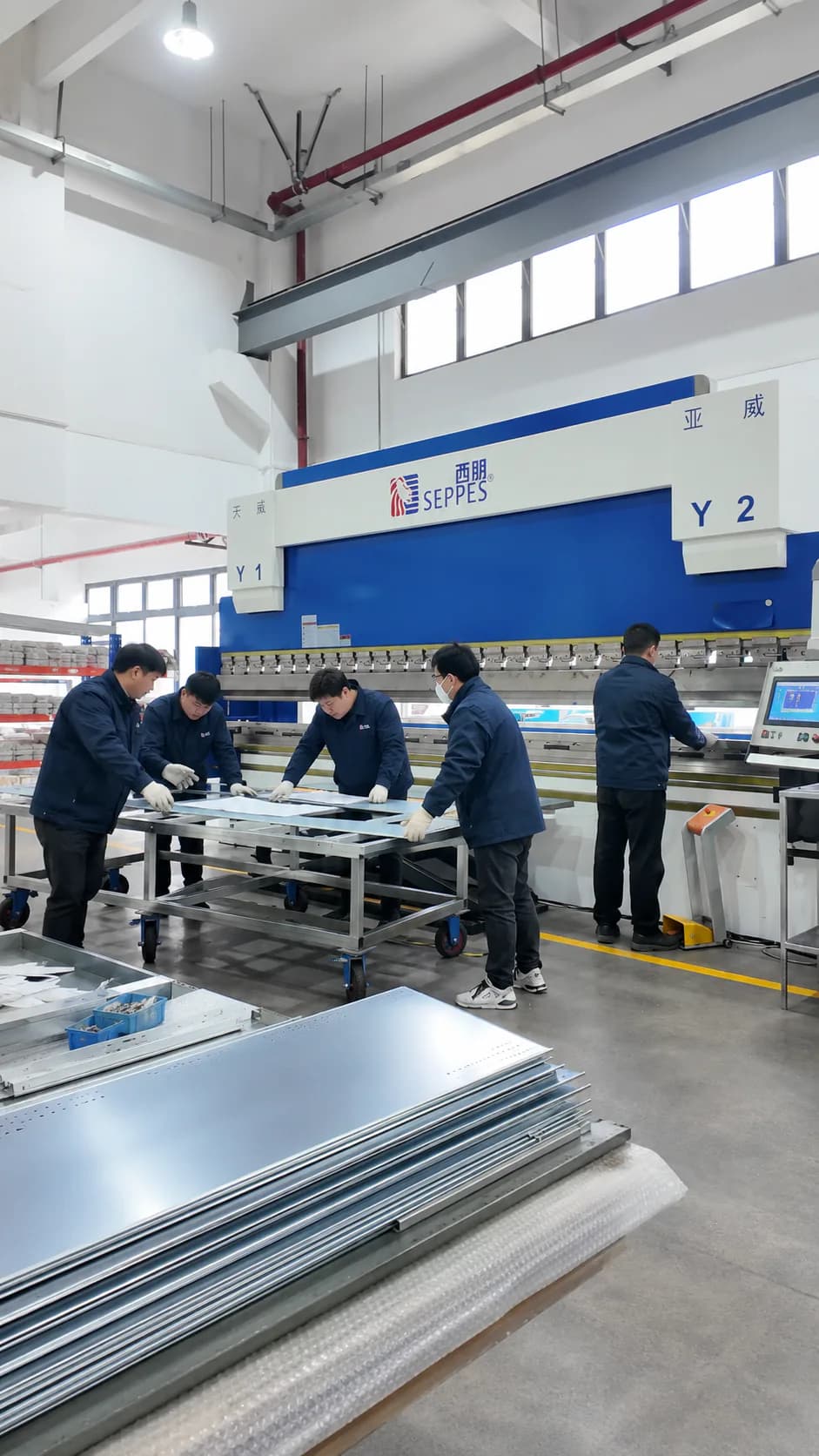 SEPPES production team working beside metal-forming equipment