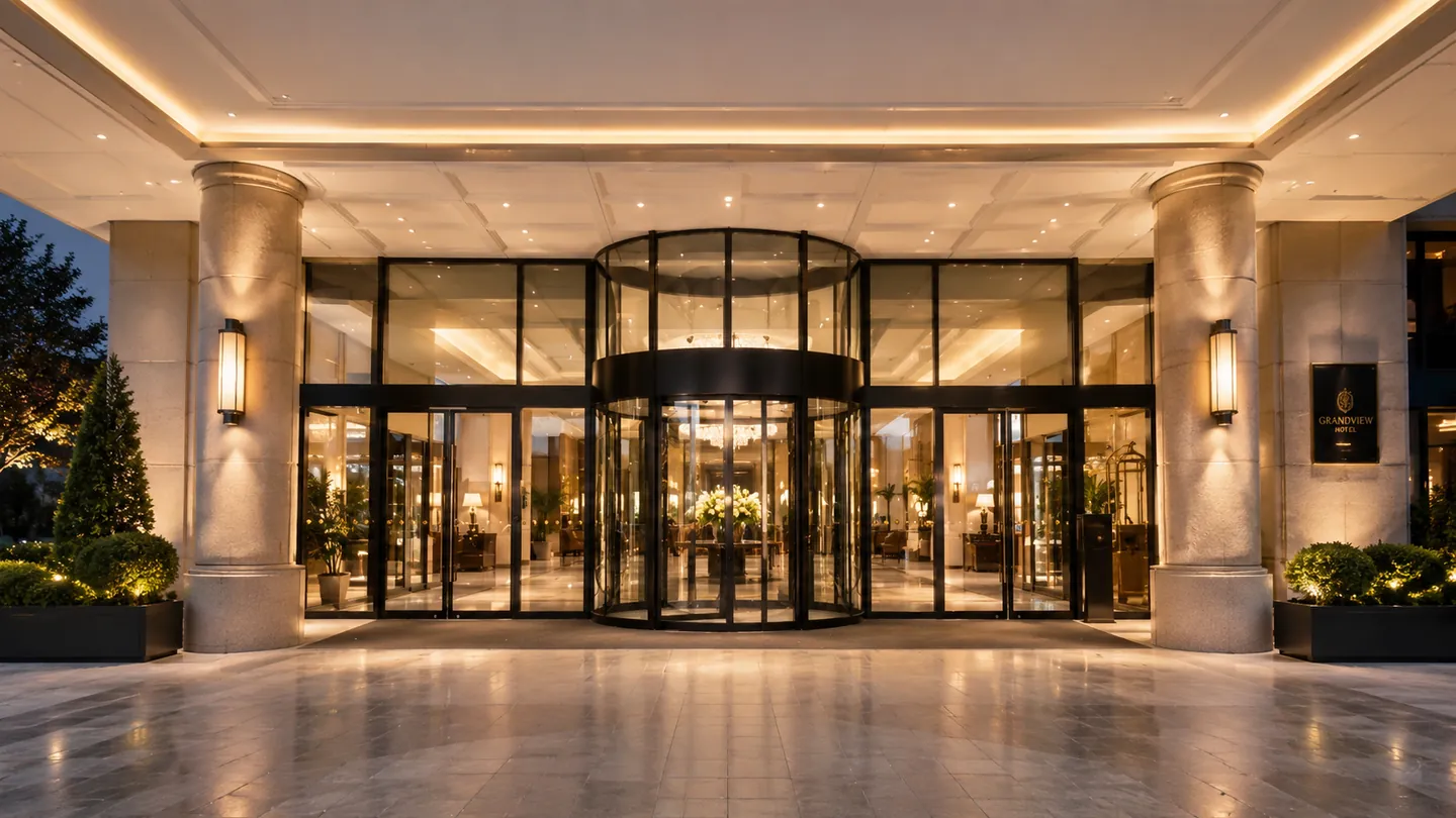 Automatic revolving door at a hotel lobby entrance