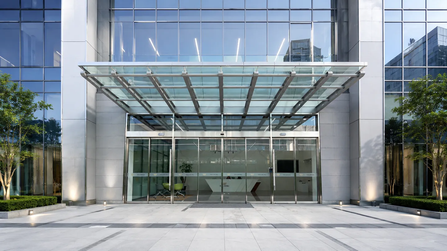 Automatic sliding glass door at an office building entrance